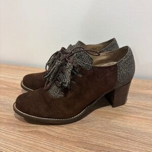 Dkode Suede Leopard Print Lace Up Oxford Heels Women Brown size 37 Tassel Boho